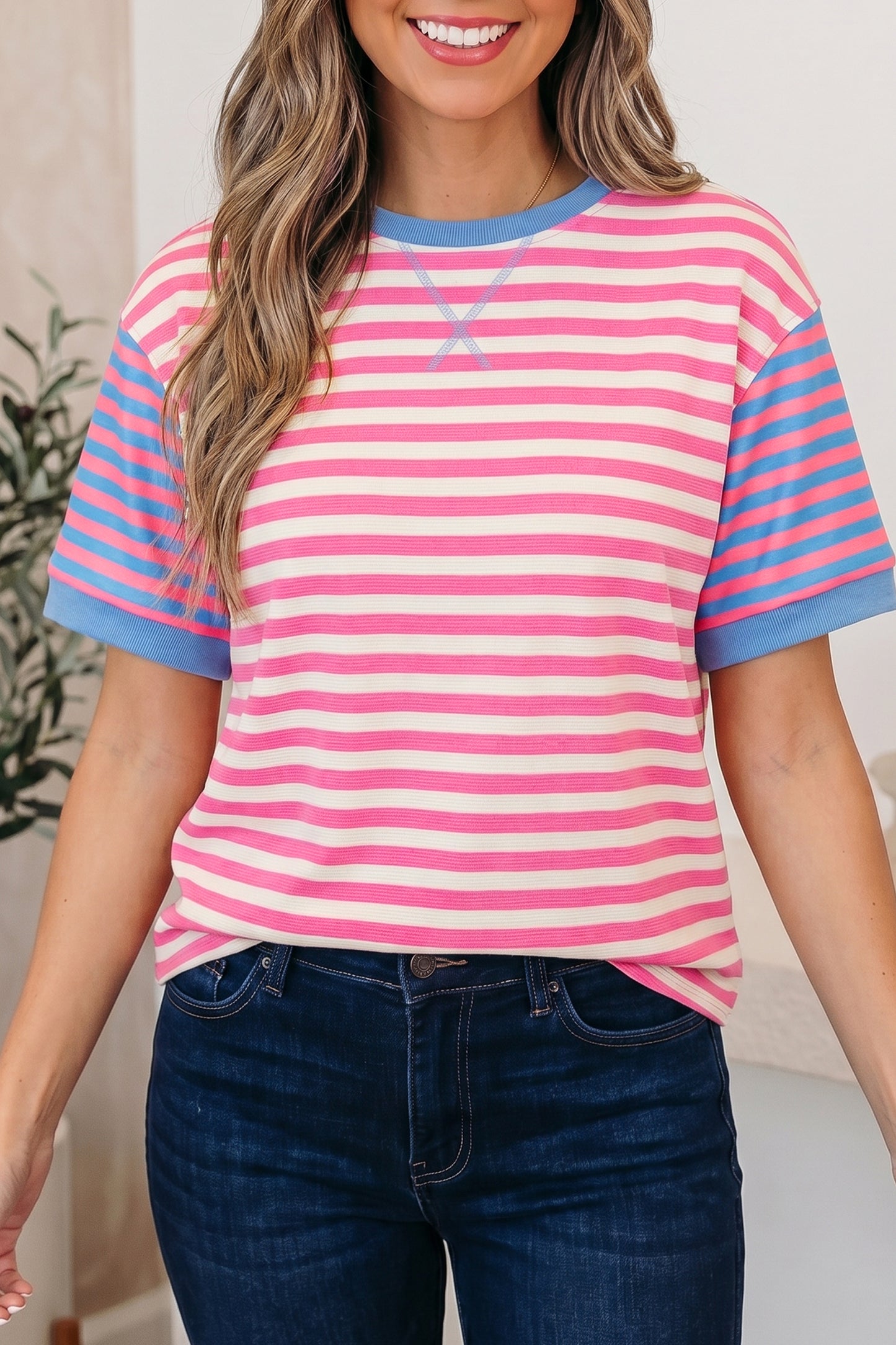 Pink Stripe Contrast Patchwork Short Sleeve Loose Tee-Tops/Tops & Tees-[Adult]-[Female]-Pink Stripe-S-2022 Online Blue Zone Planet