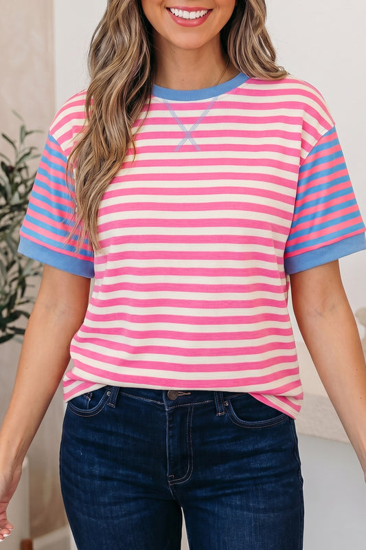 Pink Stripe Contrast Patchwork Short Sleeve Loose Tee-Tops/Tops & Tees-[Adult]-[Female]-Pink Stripe-S-2022 Online Blue Zone Planet