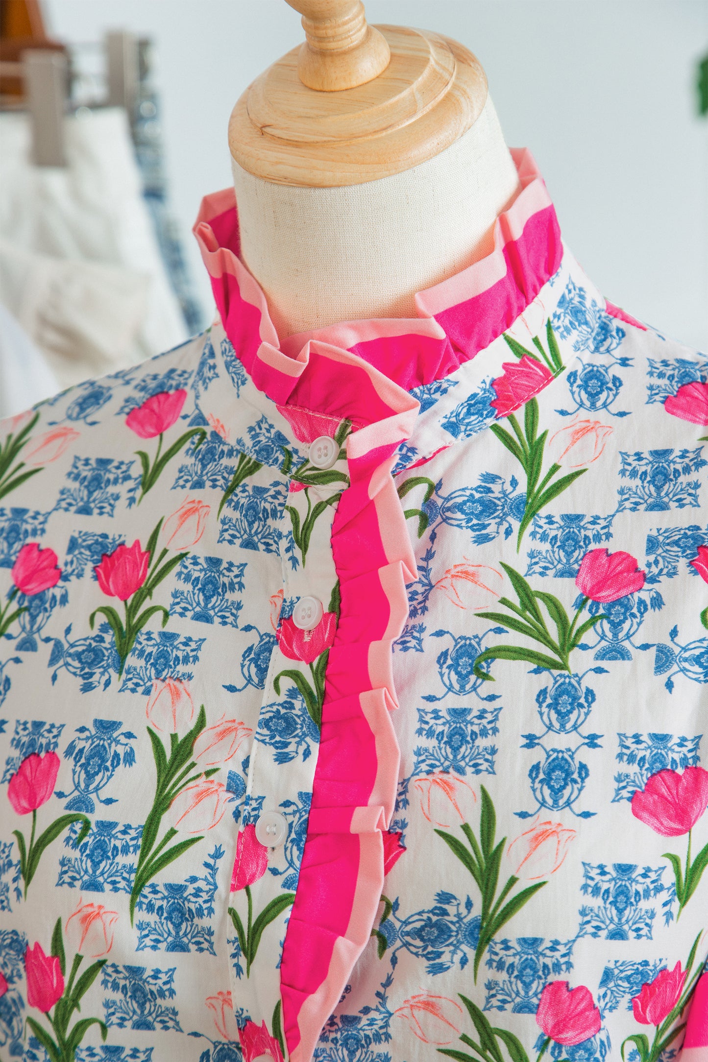 Rose Floral Print Color Block Striped Trim Flutter Sleeve Half Button Blouse-Tops/Blouses & Shirts-[Adult]-[Female]-2022 Online Blue Zone Planet