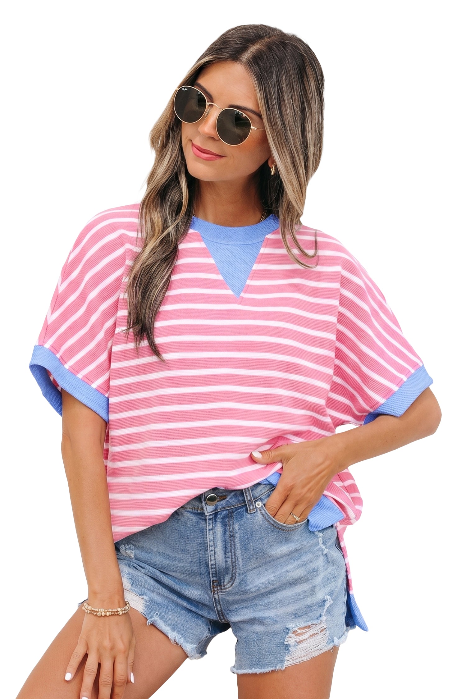 Pink Stripe Contrast Trim Loose Short Sleeve Top-Tops/Tops & Tees-[Adult]-[Female]-2022 Online Blue Zone Planet