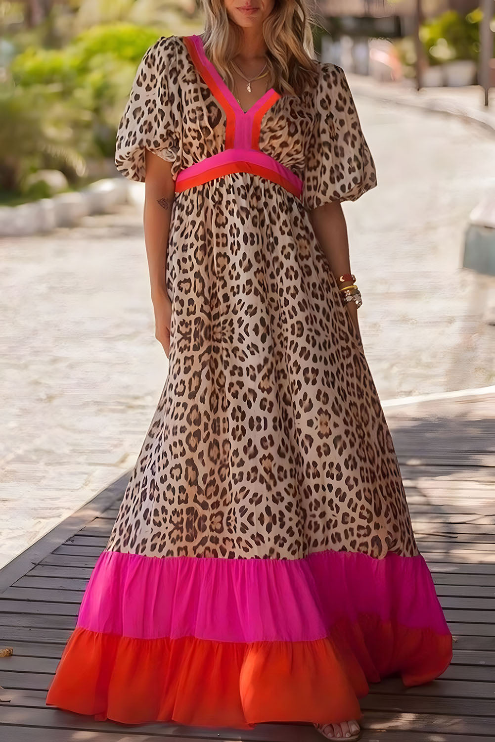 Blue Zone Planet | Bright Pink Leopard Colorblock Patchwork Bubble Sleeve Maxi Dress-TOPS / DRESSES-[Adult]-[Female]-Bright Pink-S-2022 Online Blue Zone Planet