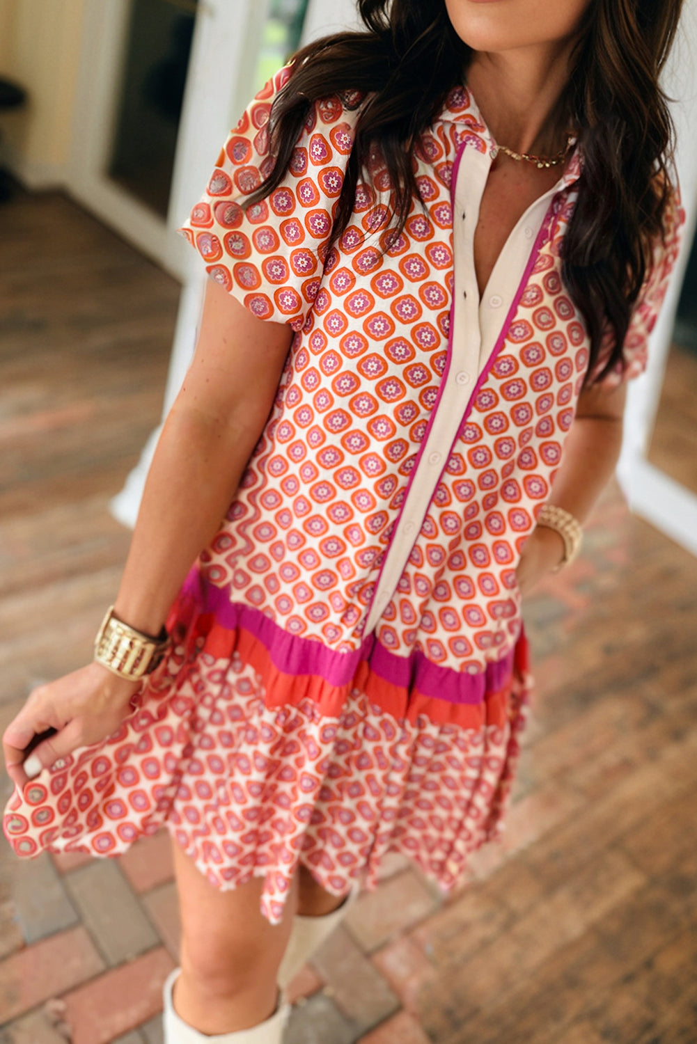 Orange Geometric Floral Print Color Block Trim Button Front Ruffle Hem Dress-Dresses/Floral Dresses-[Adult]-[Female]-Orange-S-2022 Online Blue Zone Planet