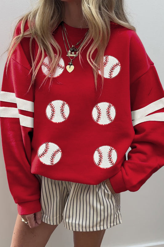 Fiery Red Sequin Baseball Patched Oversized Varsity Sweatshirt-Graphic/Graphic Sweatshirts-[Adult]-[Female]-Fiery Red-S-2022 Online Blue Zone Planet