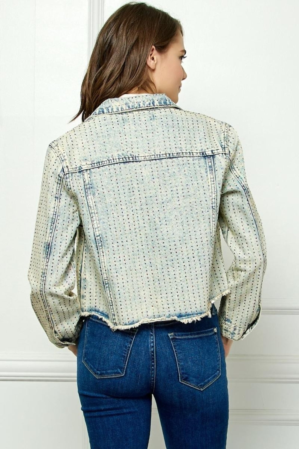 Veveret Multi Color Stripe Rhinestone Raw Hem Denim Jacket-TOPS / DRESSES-[Adult]-[Female]-2022 Online Blue Zone Planet