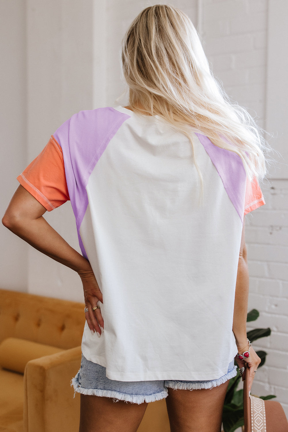 Beige Colorblock Patchwork V Neck Exposed Seam High Low T Shirt-Tops/Tops & Tees-[Adult]-[Female]-2022 Online Blue Zone Planet