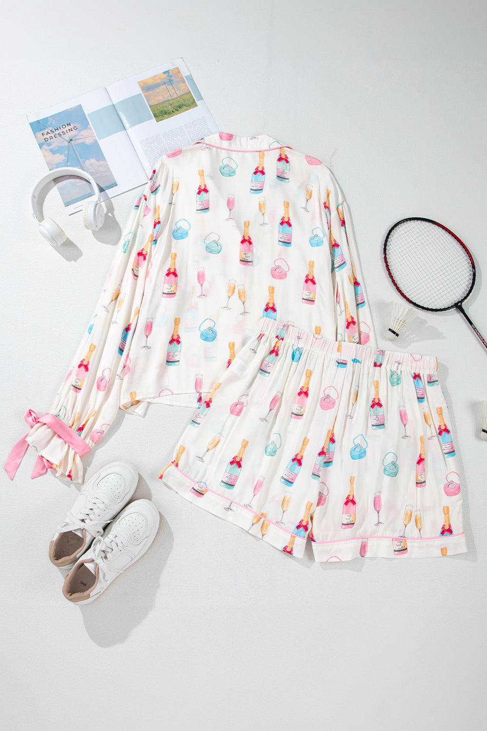 White Wine Glass Print Ribbon Bow Decor Plus Size Pajama Set-Plus Size Matching Sets-[Adult]-[Female]-2022 Online Blue Zone Planet