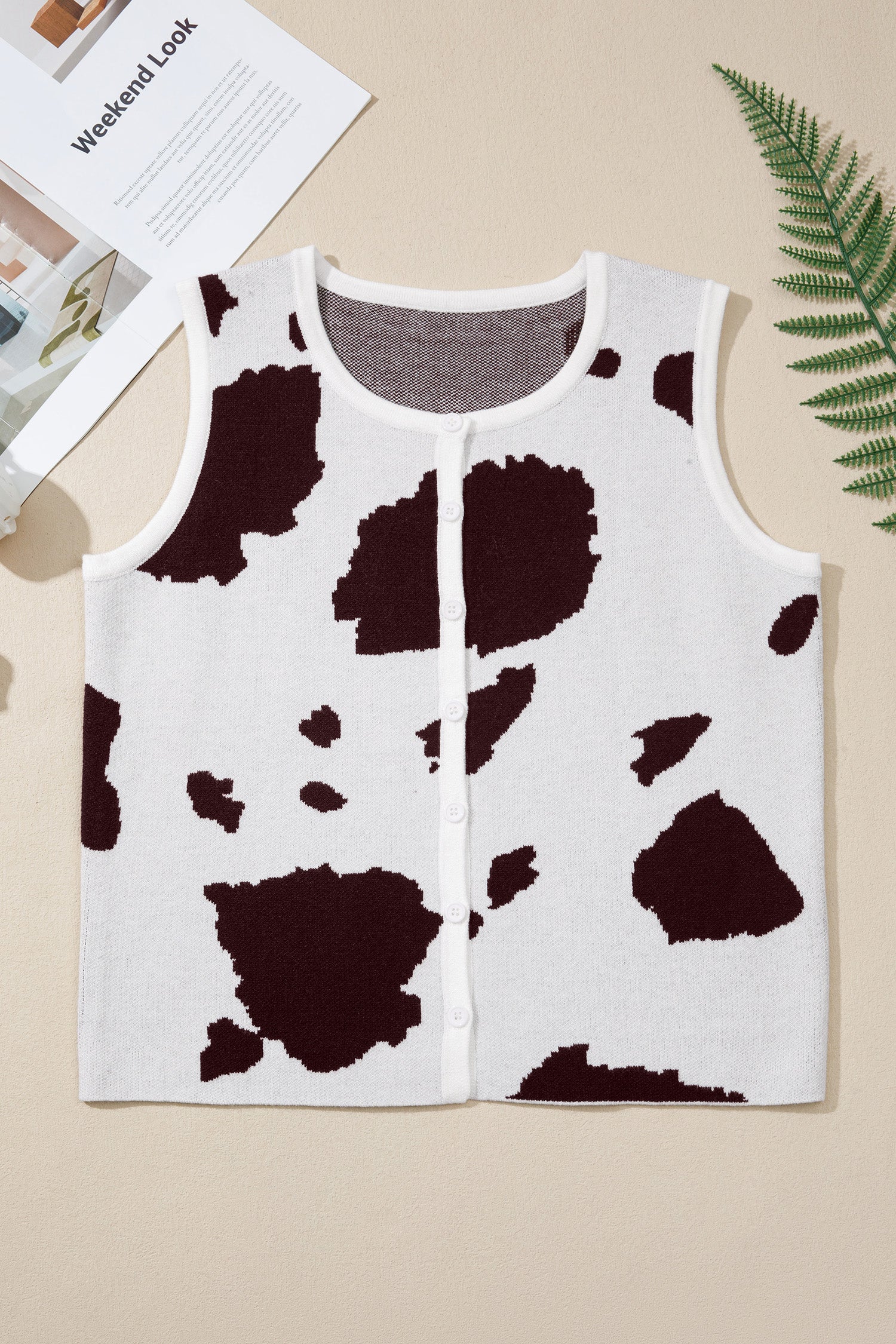 White Western Cow Spots Button Down Sweater Vest-TOPS / DRESSES-[Adult]-[Female]-2022 Online Blue Zone Planet