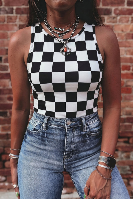 Black Checkerboard Printed Slim Tank Top-Tops/Tank Tops-[Adult]-[Female]-Black-S-2022 Online Blue Zone Planet