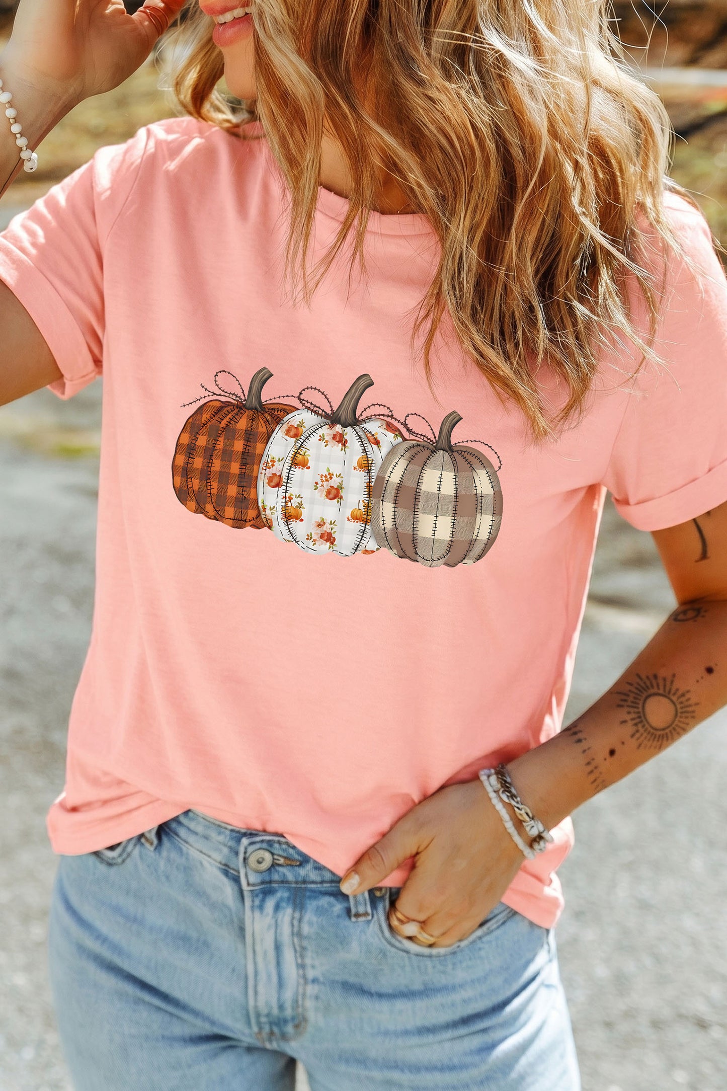 Pink Mix Pattern Pumpkin Print Round Neck T Shirt