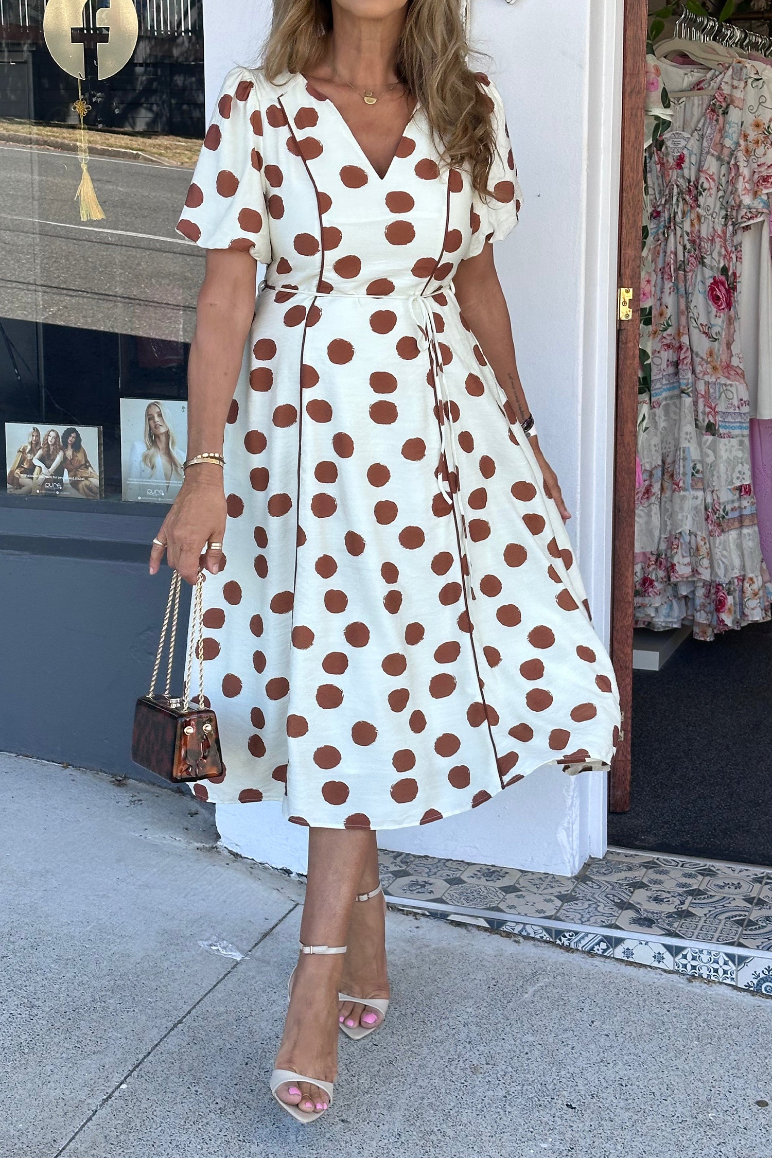 White Polka Dot Printed V Neck Short Sleeve Tie Waist Midi Dress-Dresses/Midi Dresses-[Adult]-[Female]-2022 Online Blue Zone Planet