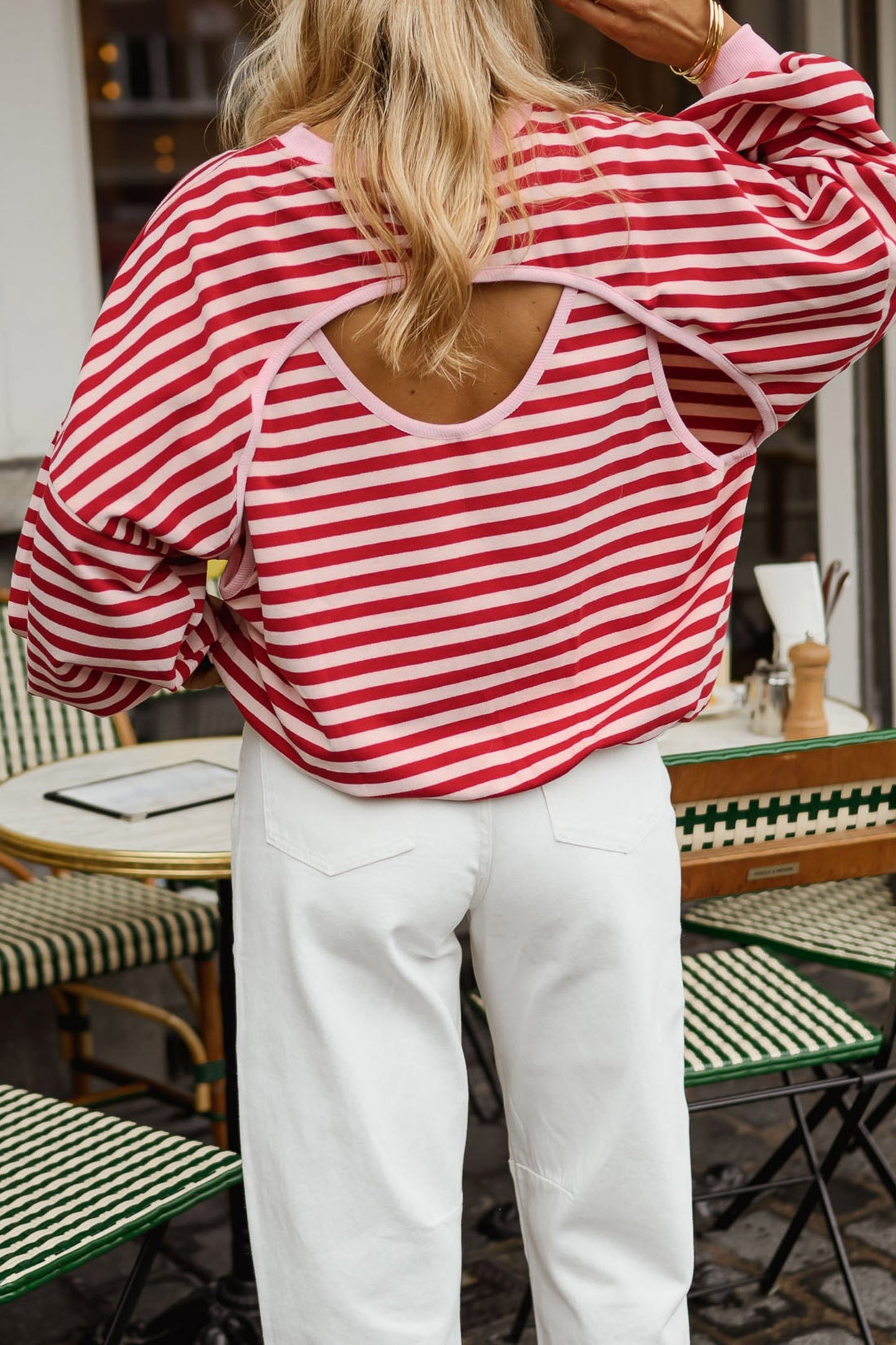 Red Stripe Cutout Open Back Long Sleeve Loose Top
