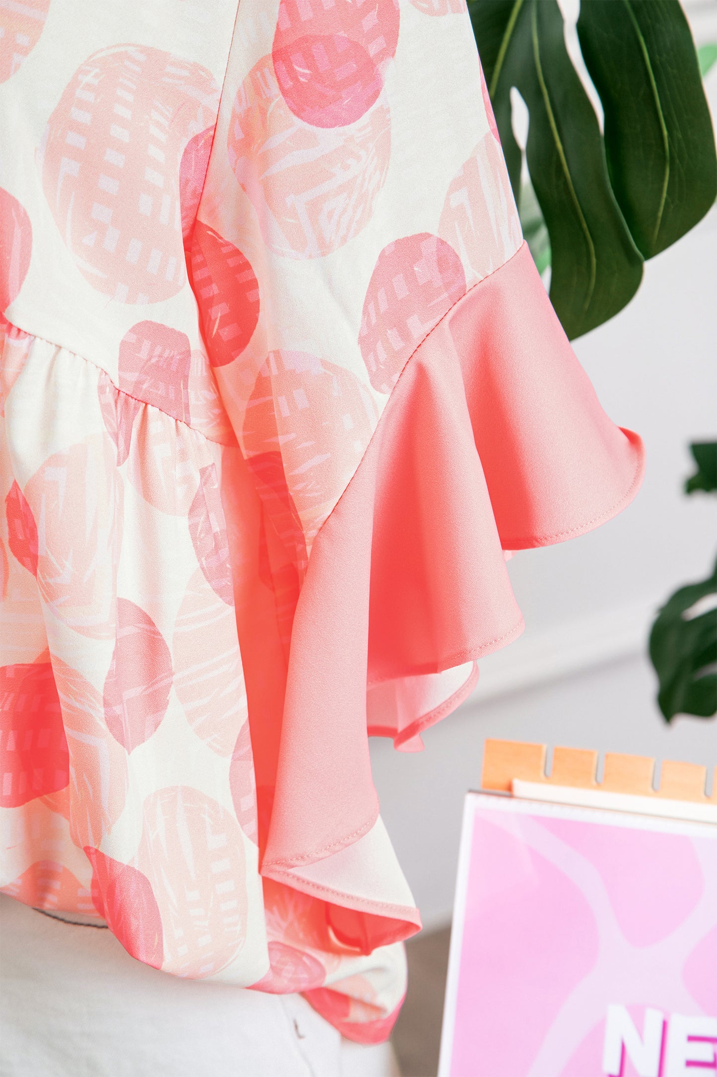 Pink Double Polka Dot Printed Ruffle Trim Short Sleeve Babydoll Shirt-Tops/Blouses & Shirts-[Adult]-[Female]-2022 Online Blue Zone Planet