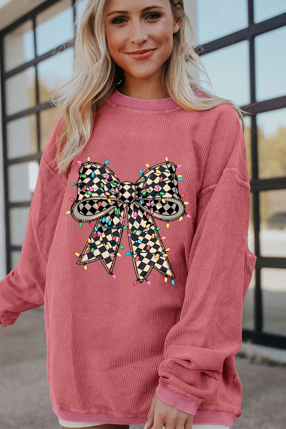 Strawberry Pink Checkered Bow Print Ribbed Crew Neck Pullover Sweatshirt-Graphic Sweatshirts-[Adult]-[Female]-2022 Online Blue Zone Planet