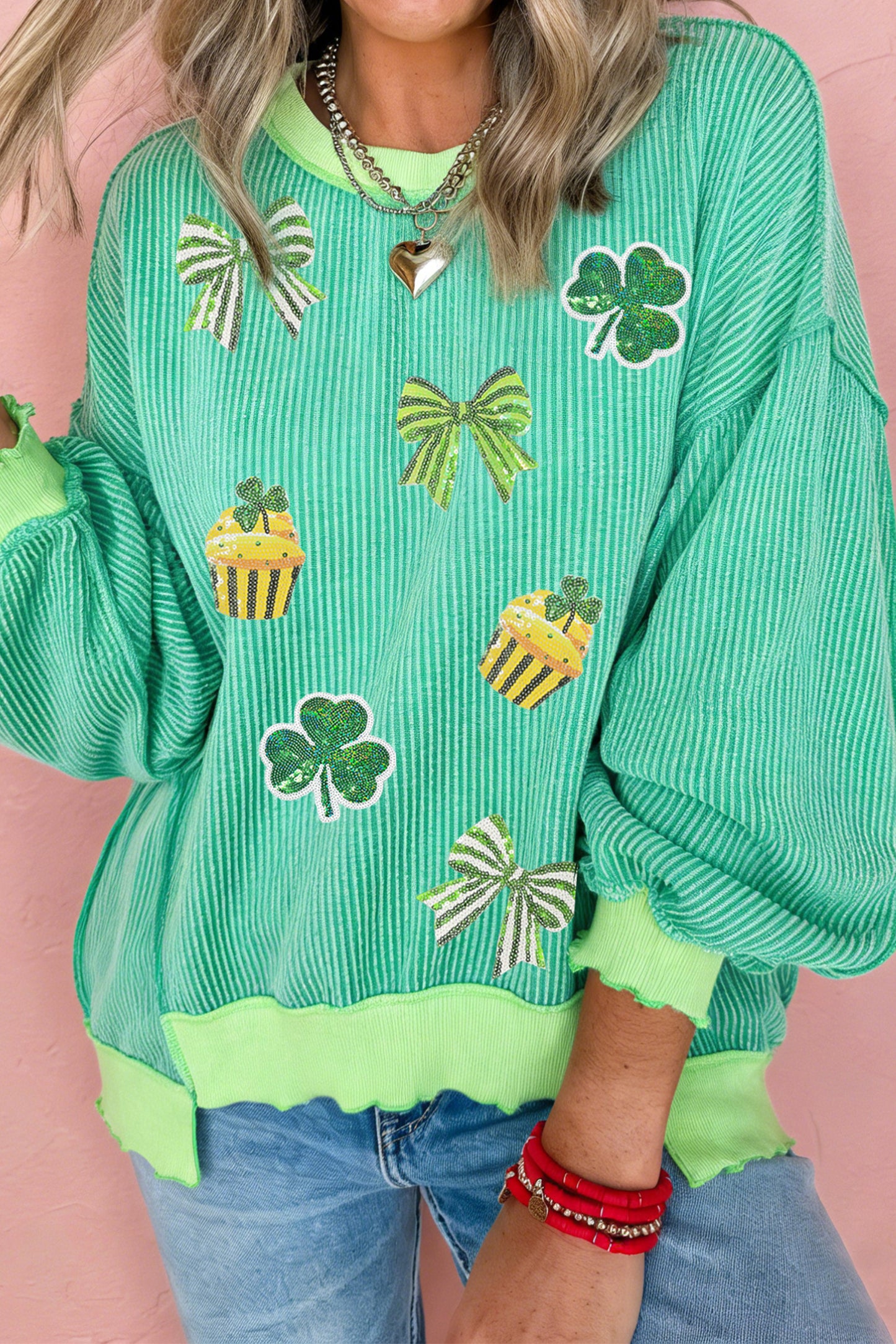 Bright Green Twisted Rib St Patricks Day Sequin Patch Graphic Long Sleeve Top-Graphic/Graphic Long Sleeve Tees-[Adult]-[Female]-2022 Online Blue Zone Planet