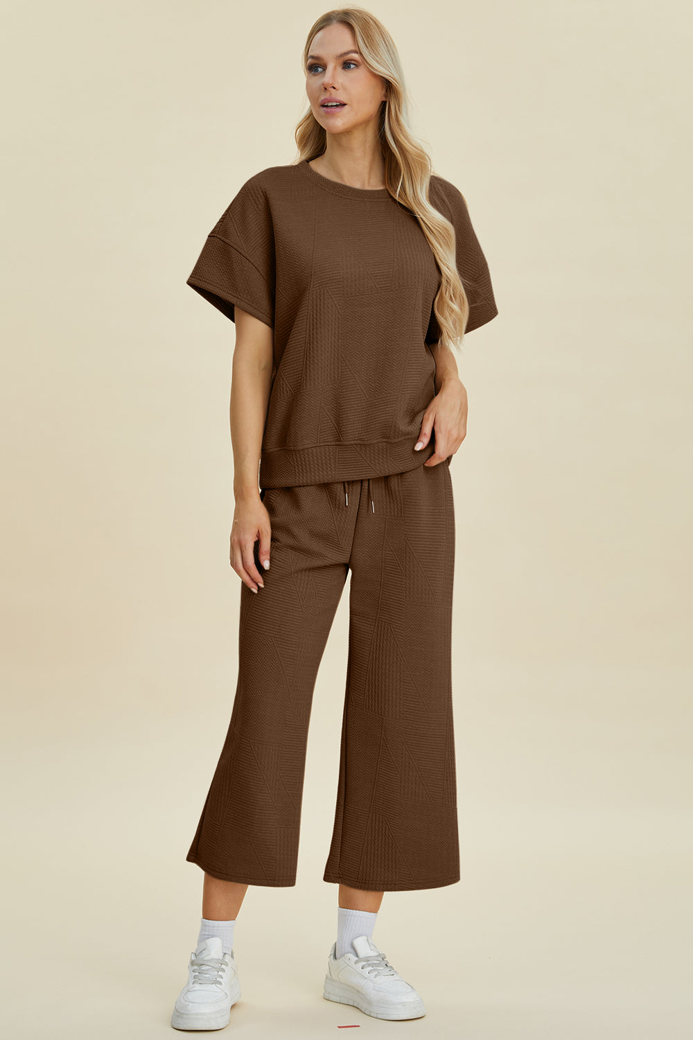 Double Take Full Size Texture Round Neck Top and Pants Set-TOPS / DRESSES-[Adult]-[Female]-2022 Online Blue Zone Planet