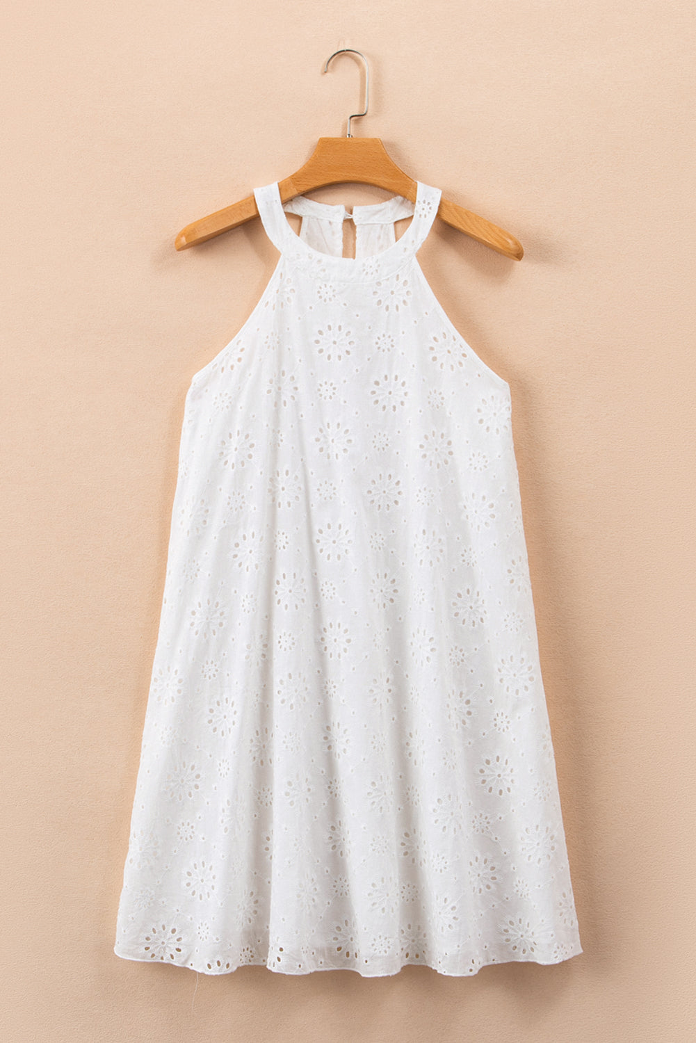 White Boho Eyelet Pattern Halter Neck Sleeveless Dress-Dresses/Mini Dresses-[Adult]-[Female]-2022 Online Blue Zone Planet