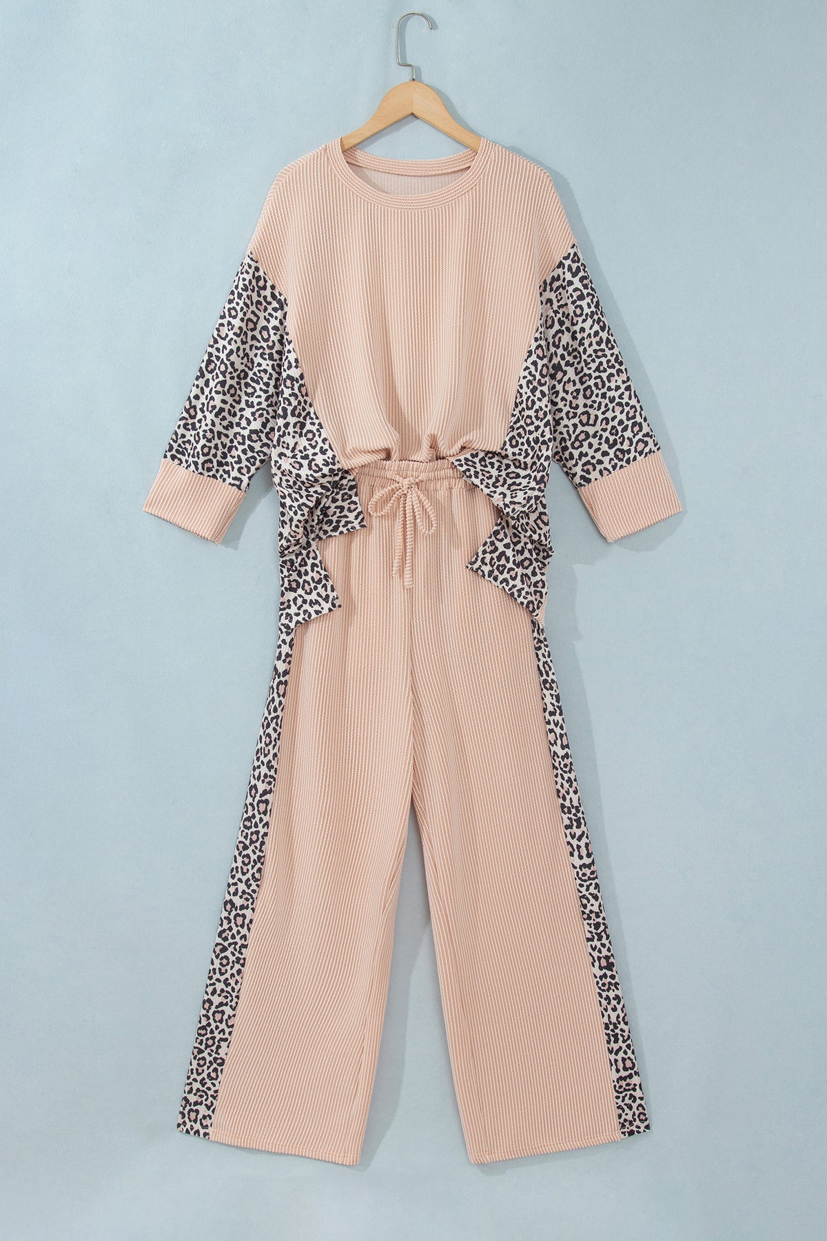Parchment Leopard Print Twisted Ribbed Patchwork Long Sleeve Top Loose Pant Set-Two Piece Sets/Pant Sets-[Adult]-[Female]-2022 Online Blue Zone Planet