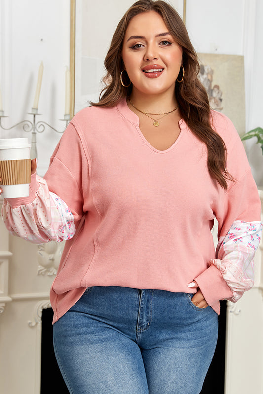 Pink Floral Sleeve Patchwork Waffle Knit Notched V Neck Plus Size Top-Plus Size/Plus Size Tops/Plus Size Long Sleeve Tops-[Adult]-[Female]-Pink-1X-2022 Online Blue Zone Planet
