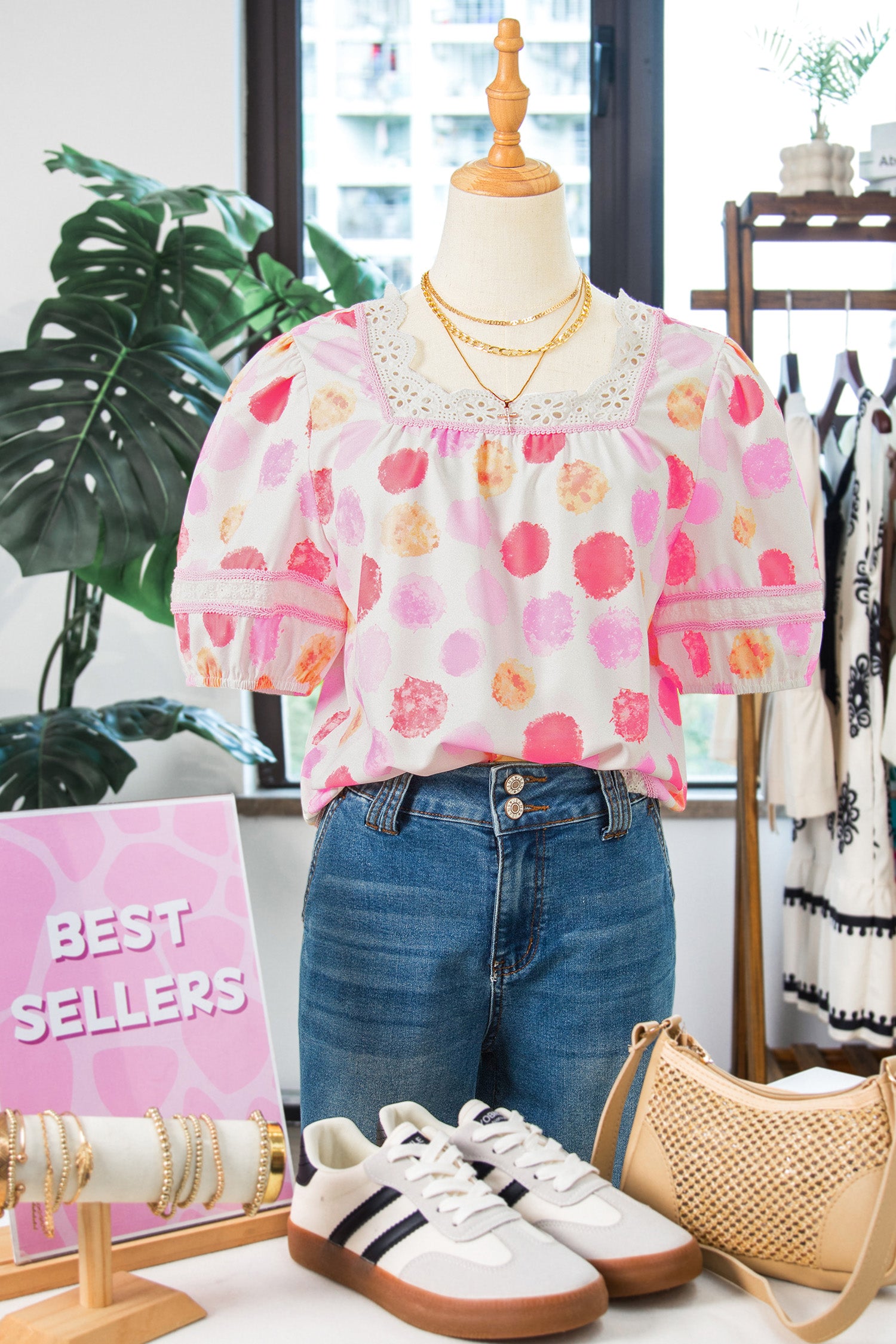 Pink Polka Dot Lace Trim Square Neck Puff Sleeve Blouse-Tops/Blouses & Shirts-[Adult]-[Female]-2022 Online Blue Zone Planet