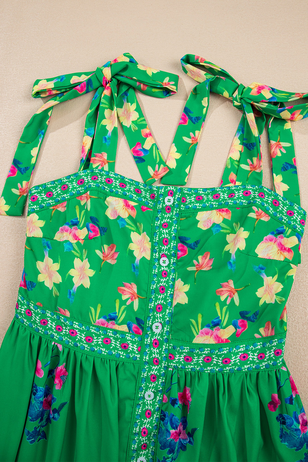 Green Floral Print Contrast Trim Knotted Straps Midi Dress-TOPS / DRESSES-[Adult]-[Female]-2022 Online Blue Zone Planet