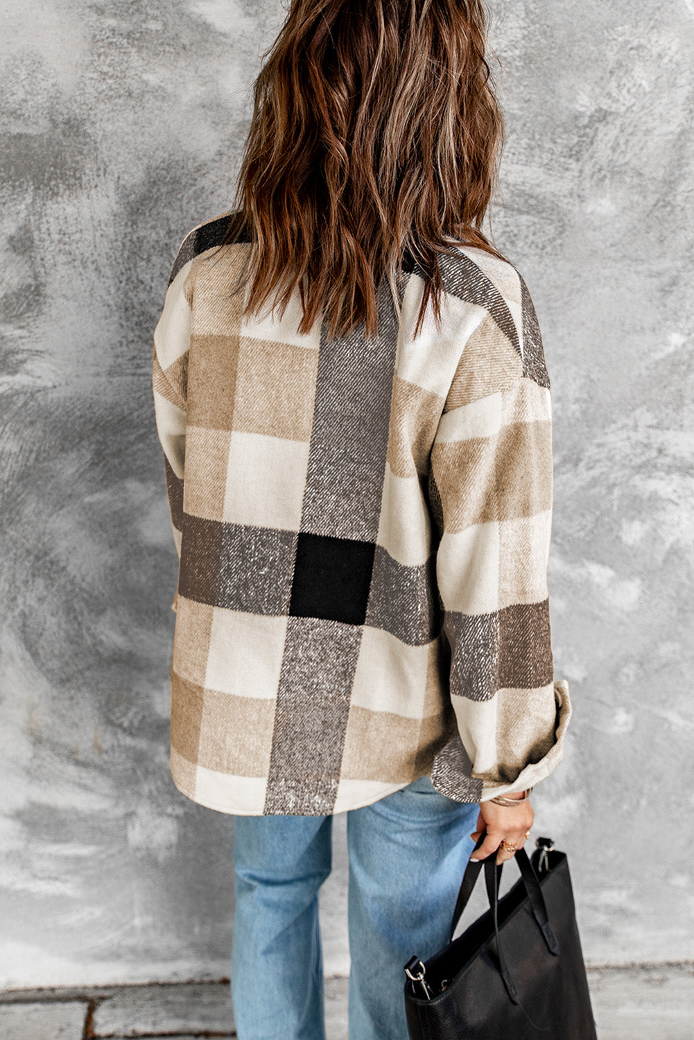 Khaki Plaid Color Block Buttoned Long Sleeve Jacket with Pocket-Outerwear/Plaid Shackets-[Adult]-[Female]-2022 Online Blue Zone Planet