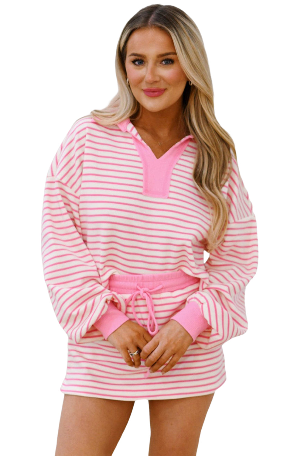 Pink Stripe Collared V Neck Drop Shoulder Pullover And Skort 2Pcs Outfit-Two Piece Sets/Two Piece Dresses-[Adult]-[Female]-2022 Online Blue Zone Planet