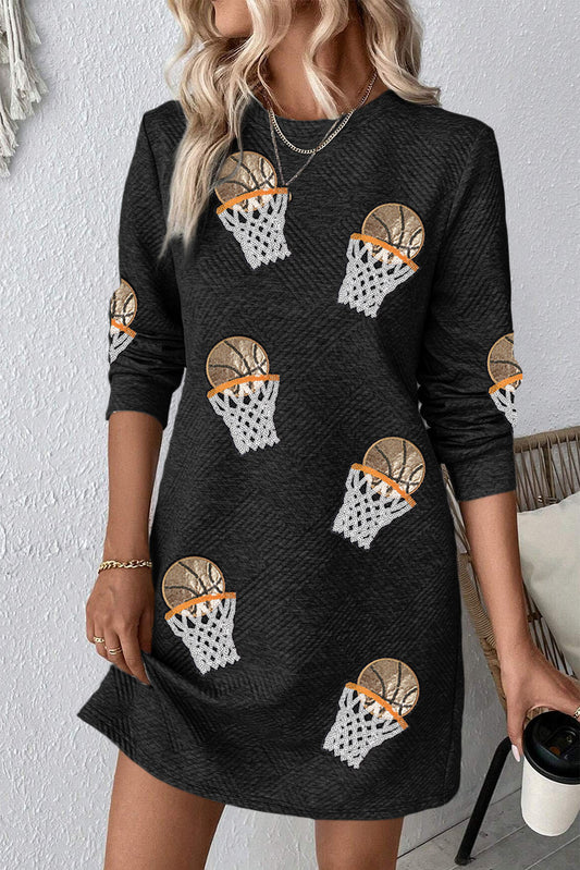 Black Basketball Hoop Graphic Casual Textured Short Dress-Graphic Apparel-[Adult]-[Female]-Black-S-2022 Online Blue Zone Planet