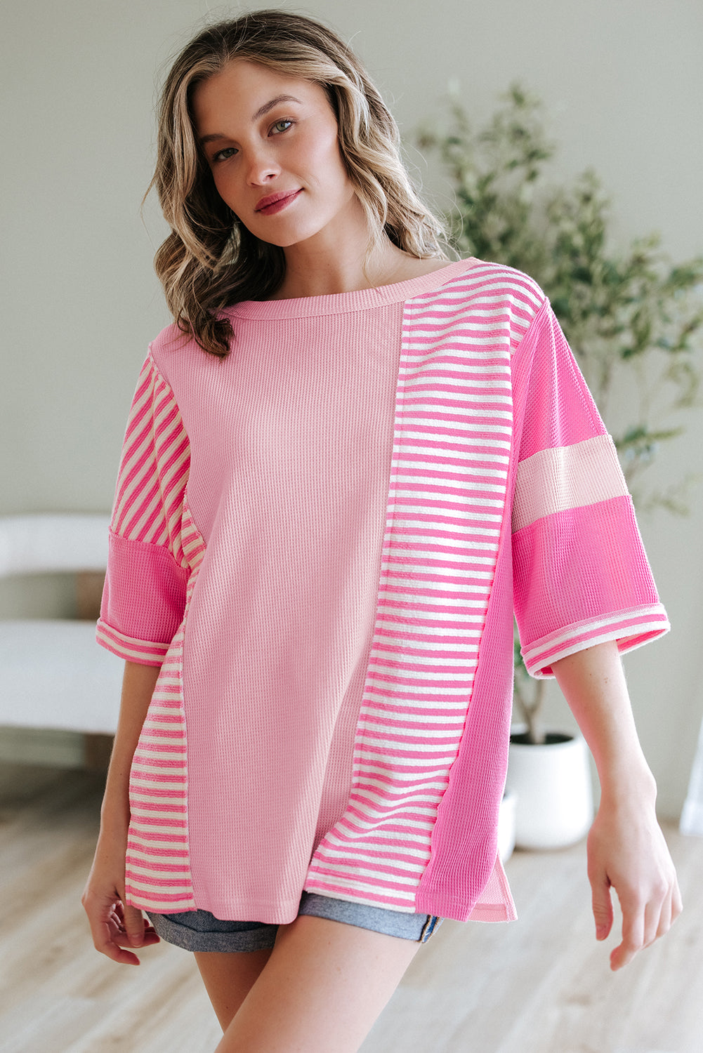Pink Stripe Color Block Patchwork Loose Half Sleeve T Shirt-Tops/Tops & Tees-[Adult]-[Female]-Pink Stripe-S-2022 Online Blue Zone Planet