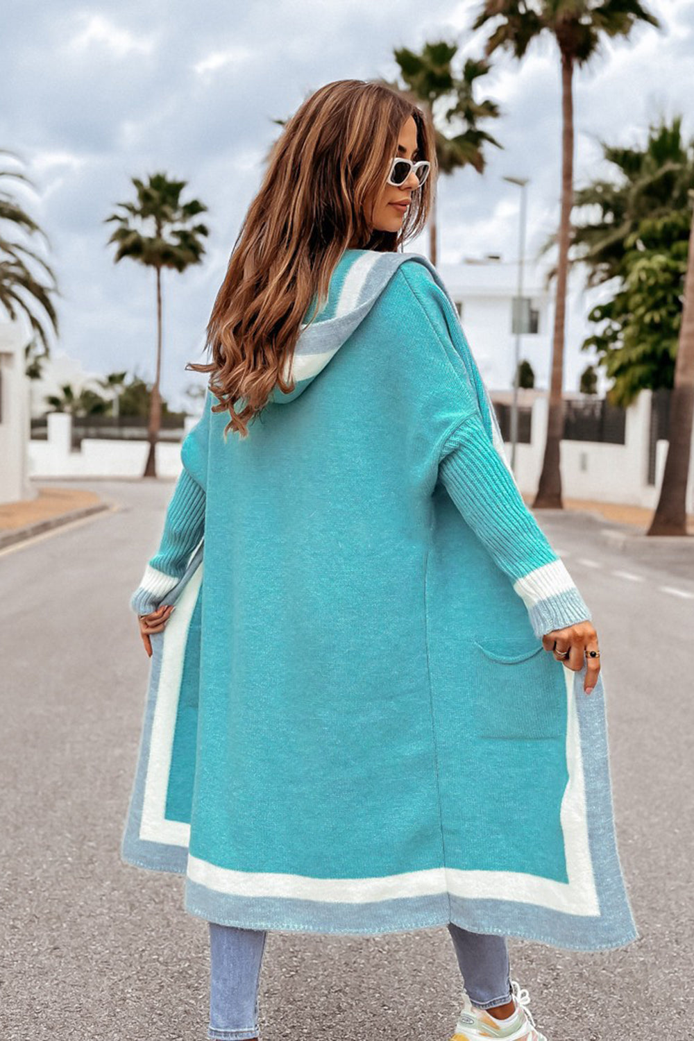 Pocketed Contrast Long Sleeve Hooded Cardigan-TOPS / DRESSES-[Adult]-[Female]-2022 Online Blue Zone Planet