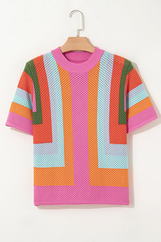 Orange Color Block Eyelet Casual Sweater T Shirt-Sweaters & Cardigans/Short Sleeve Sweaters-[Adult]-[Female]-Orange-S-2022 Online Blue Zone Planet