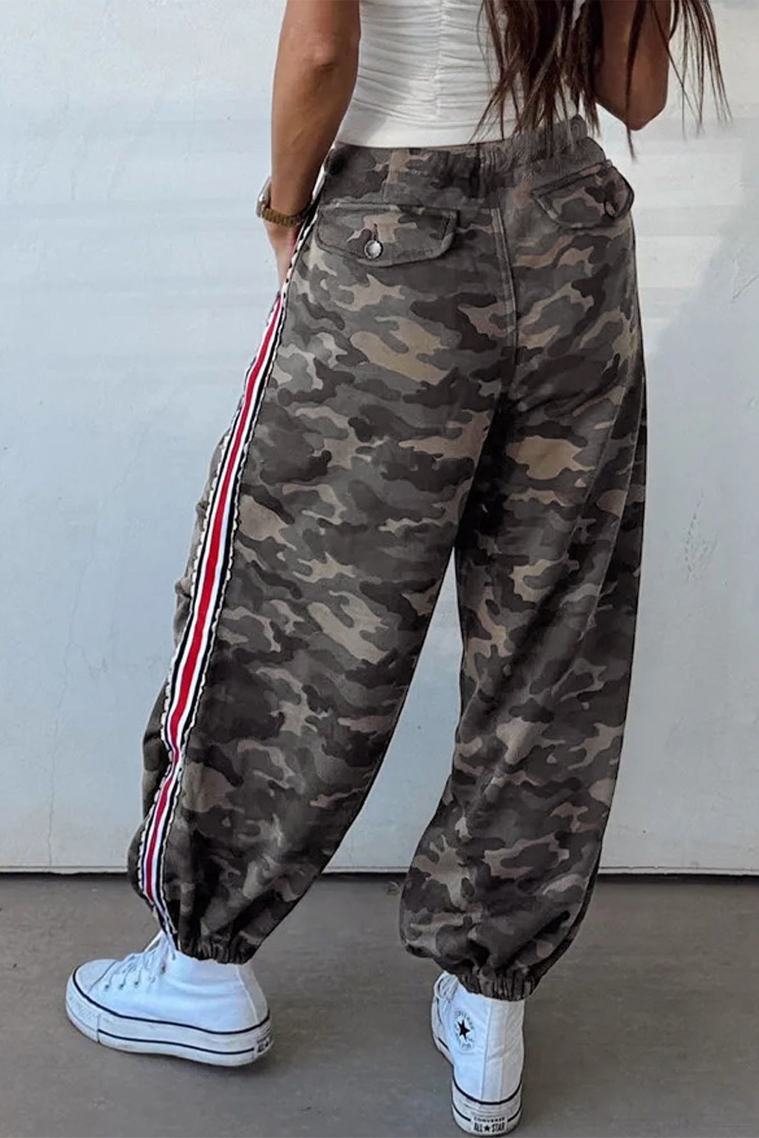 Khaki Camouflage Print Striped Side Panel Patchwork Drawstring Pants-Bottoms/Pants & Culotte-[Adult]-[Female]-2022 Online Blue Zone Planet