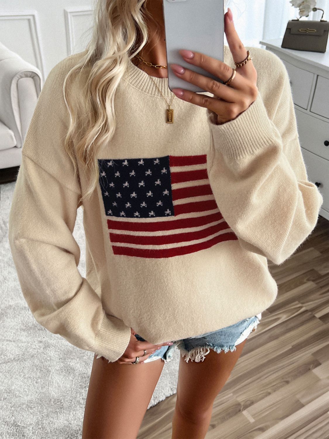 Devine US Flag Round Neck Long Sleeve Knit Top-TOPS / DRESSES-[Adult]-[Female]-2022 Online Blue Zone Planet