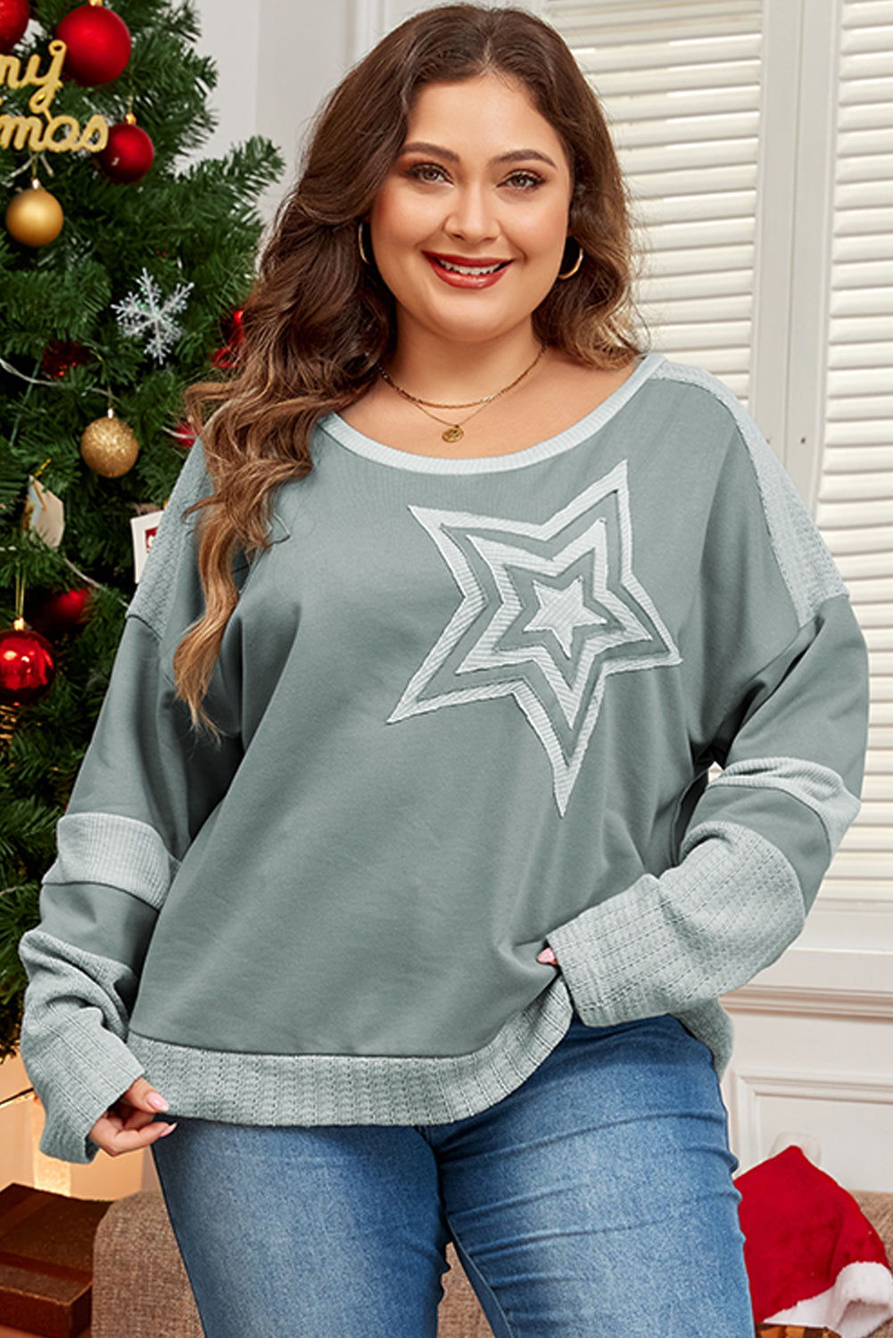 Blue Zone Planet | Mist Green Stars Patchwork Round Neck Plus Size T Shirt-TOPS / DRESSES-[Adult]-[Female]-2022 Online Blue Zone Planet