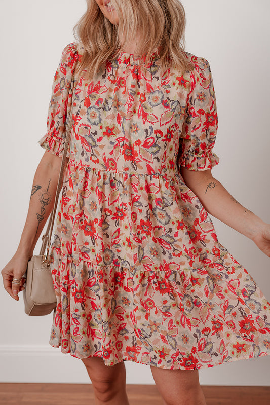 Multicolour Floral Print Frilled Neck Puff Sleeve High Waist Dress-Short Dresses-[Adult]-[Female]-Multicolour-L-2022 Online Blue Zone Planet
