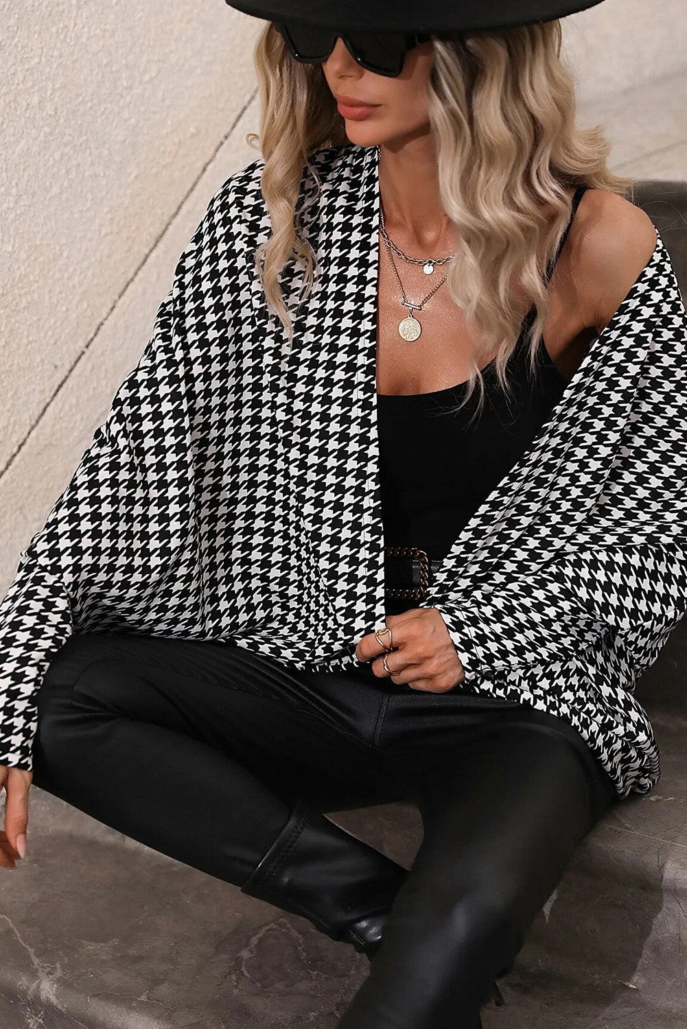 Black Houndstooth Print Open Front Long Dolman Kimonos-Outerwear/Kimonos-[Adult]-[Female]-2022 Online Blue Zone Planet