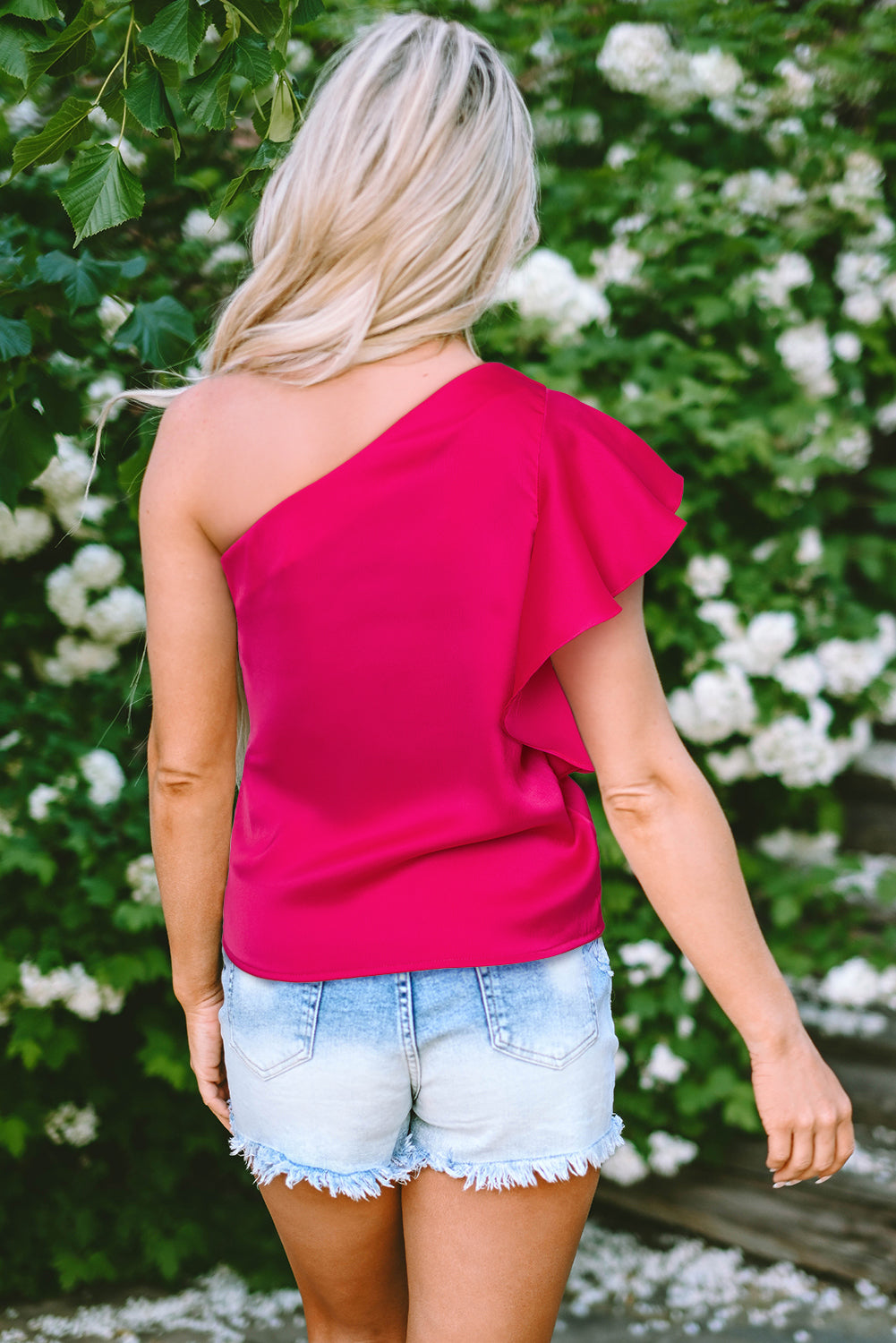 Strawberry Pink Asymmetric Shoulder Ruffle Sleeve Elegant Blouse-Tops/Blouses & Shirts-[Adult]-[Female]-2022 Online Blue Zone Planet