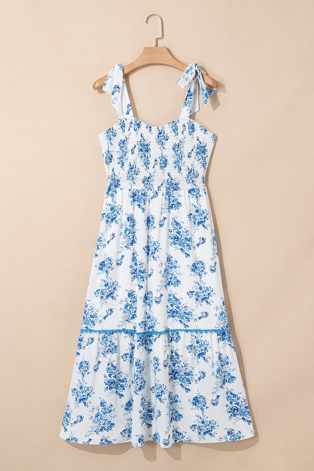 Sky Blue Floral Print Shirred Knot Shoulder Sleeveless Long Dress-Dresses/Floral Dresses-[Adult]-[Female]-2022 Online Blue Zone Planet