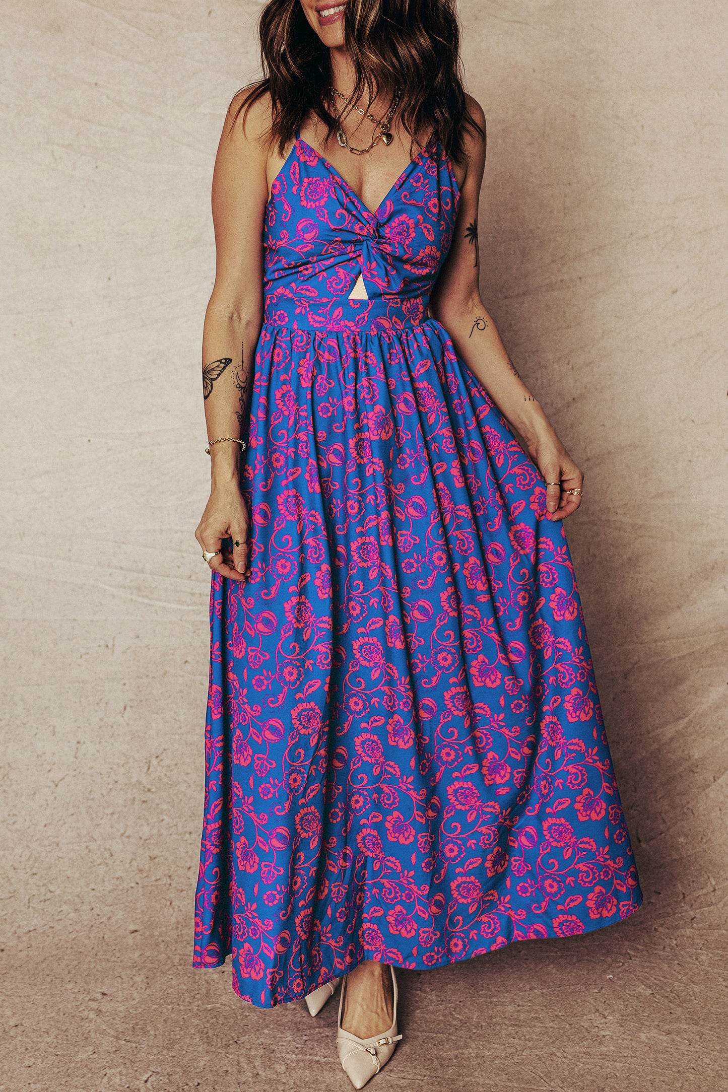 Blue Floral Print Twisted V Neck Tied Backless Maxi Dress-TOPS / DRESSES-[Adult]-[Female]-2022 Online Blue Zone Planet