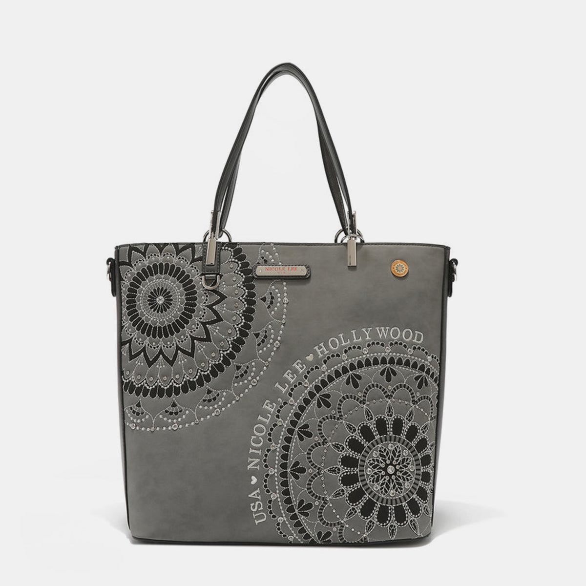 Blue Zone Planet | Nicole Lee USA Metallic Stitching Embroidery Inlaid Rhinestone Tote Bag-TOPS / DRESSES-[Adult]-[Female]-Gray-One Size-2022 Online Blue Zone Planet