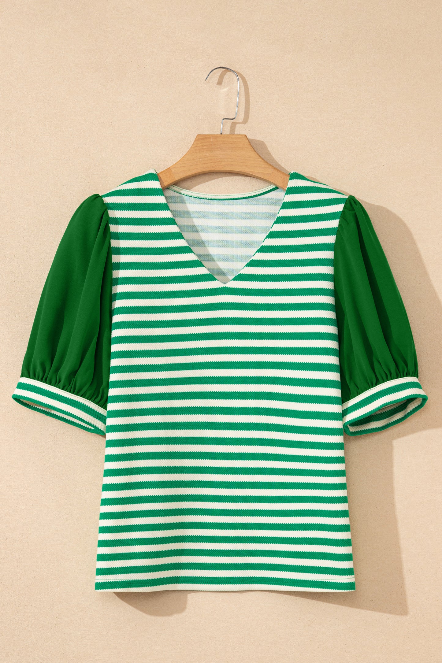 Green Stripe Puff Short Sleeve Patchwork V Neck Blouse-Tops/Blouses & Shirts-[Adult]-[Female]-2022 Online Blue Zone Planet
