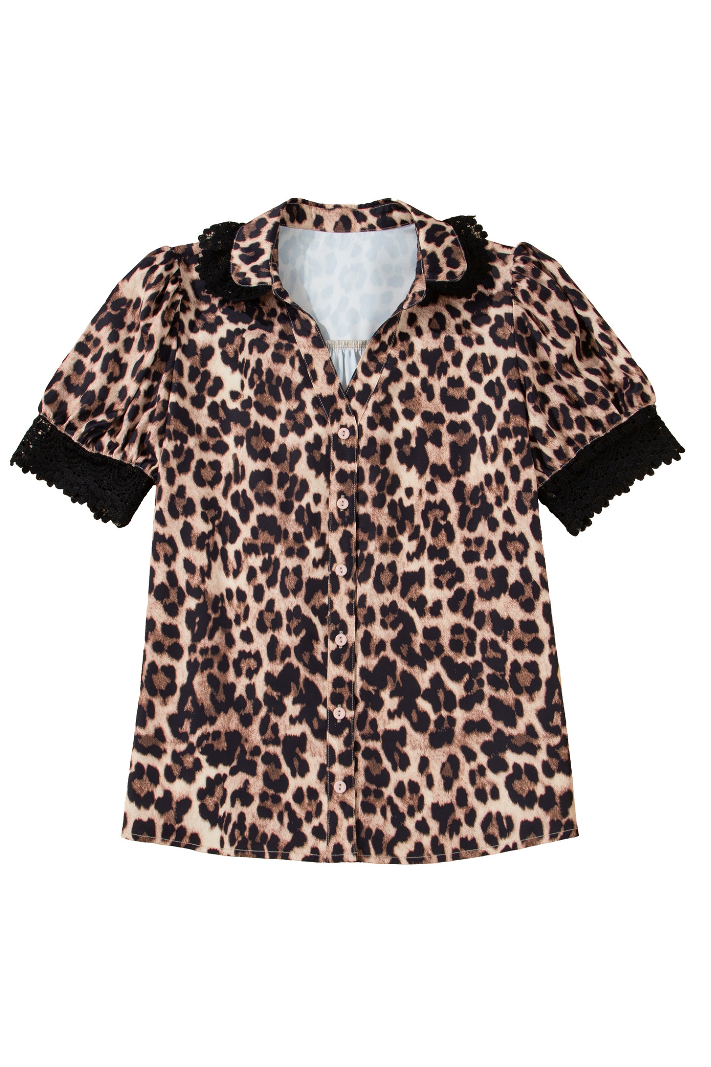 Brown Leopard Print Button Down Lace Trim Short Sleeve Shirt-Tops/Blouses & Shirts-[Adult]-[Female]-2022 Online Blue Zone Planet