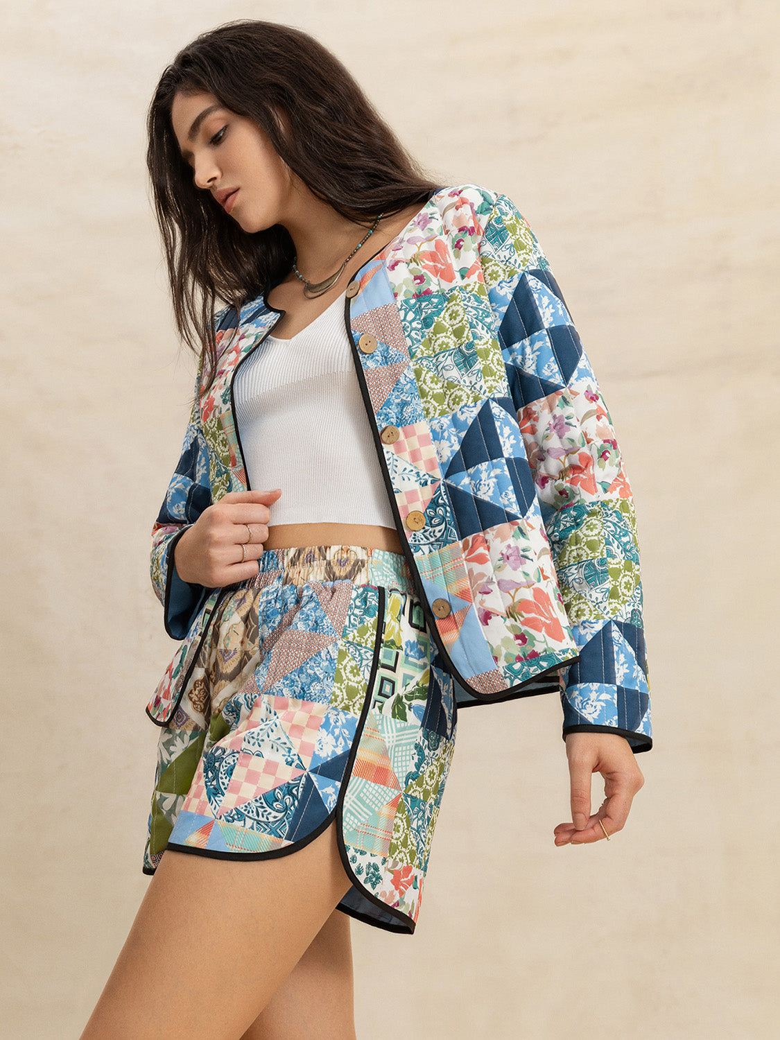 Printed Button Up Long Sleeve Outerwear and Shorts Set-TOPS / DRESSES-[Adult]-[Female]-2022 Online Blue Zone Planet