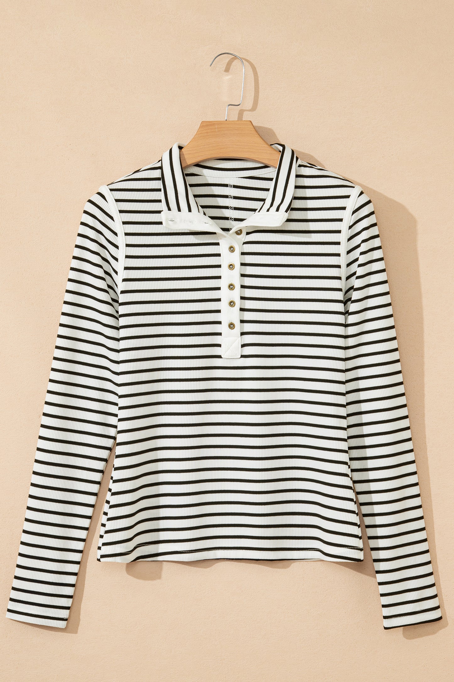 Black Stripe Ribbed Knit Half Button Long Sleeve Slim Top-Tops/Long Sleeve Tops-[Adult]-[Female]-2022 Online Blue Zone Planet
