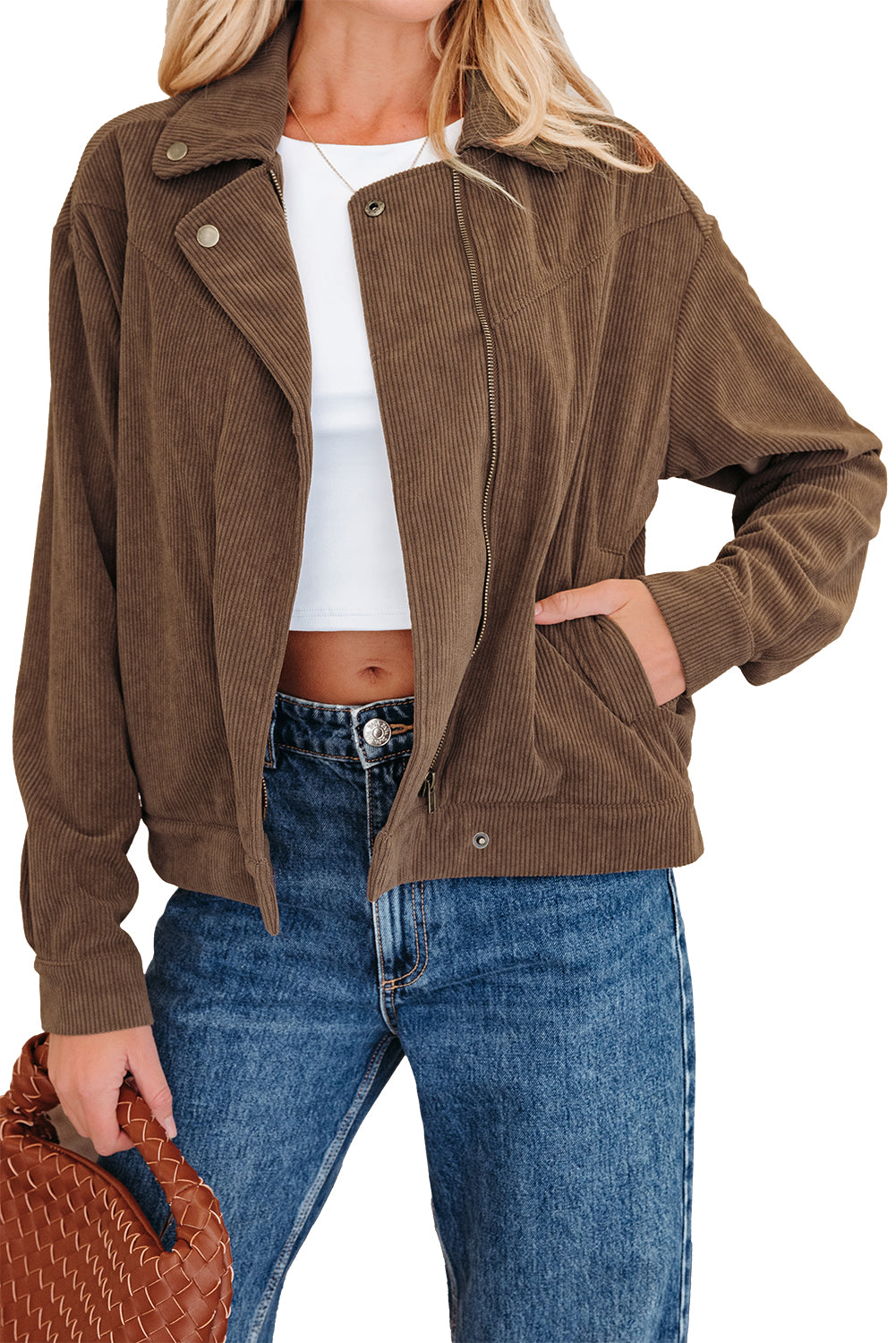 Dark Khaki Button Zip Up Lapel Collar Corduroy Jacket-Outerwear/Jackets-[Adult]-[Female]-2022 Online Blue Zone Planet