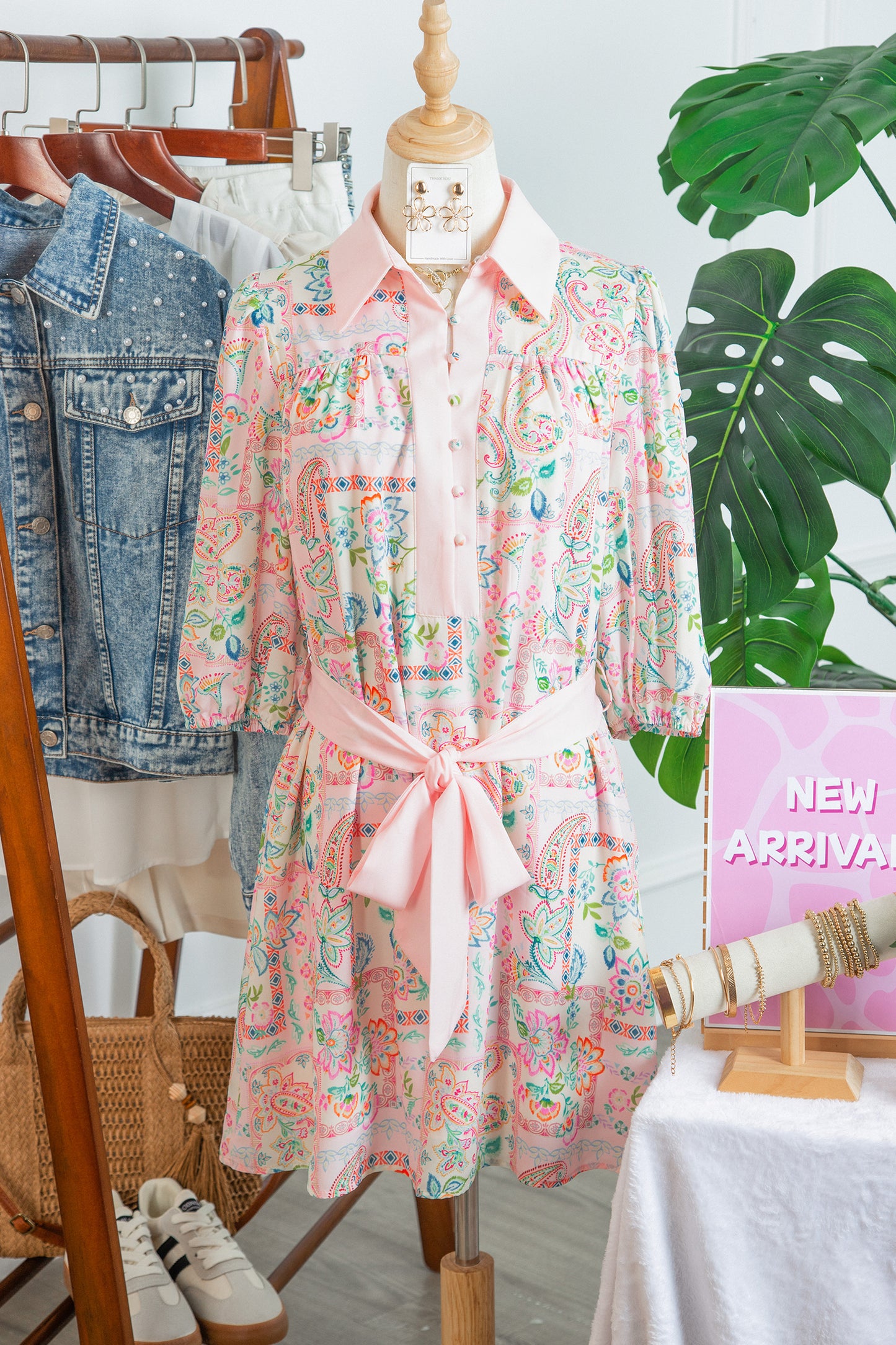 Pink Boho Floral Print Color Block Trim Half Button Belted Mini Dress-TOPS / DRESSES-[Adult]-[Female]-2022 Online Blue Zone Planet