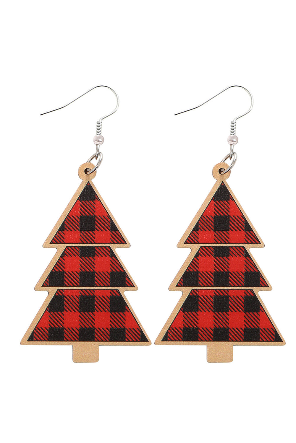 Red Plaid Christmas Tree Wooden Pendant Earrings-Accessories/Jewelry-[Adult]-[Female]-2022 Online Blue Zone Planet