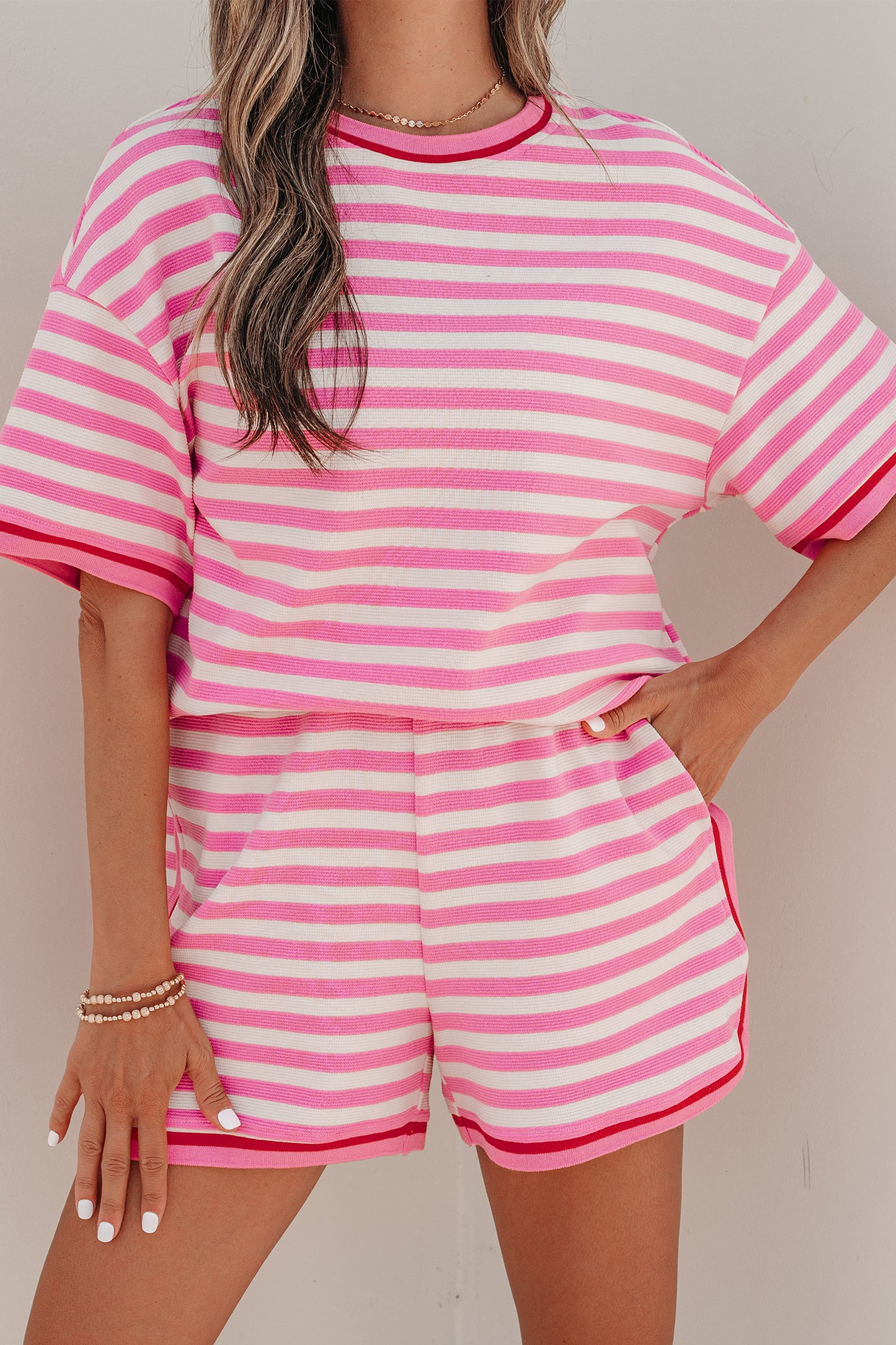 Pink Stripe Contrast Trim Short Sleeve Top Loose Shorts 2pcs Casual Outfit-Two Piece Sets/Short Sets-[Adult]-[Female]-2022 Online Blue Zone Planet