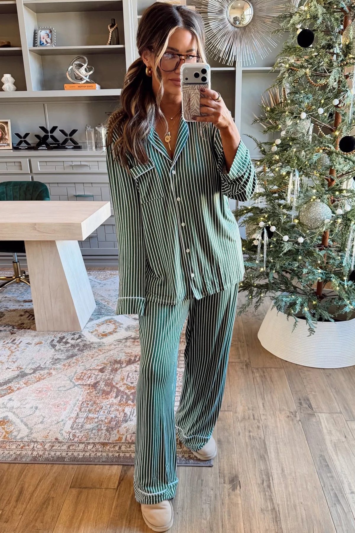 Green Stripe Chest Pocket Lapel Shirt Piping Trim Pajama Pant Set-Loungewear & Sleepwear/Loungewear-[Adult]-[Female]-2022 Online Blue Zone Planet