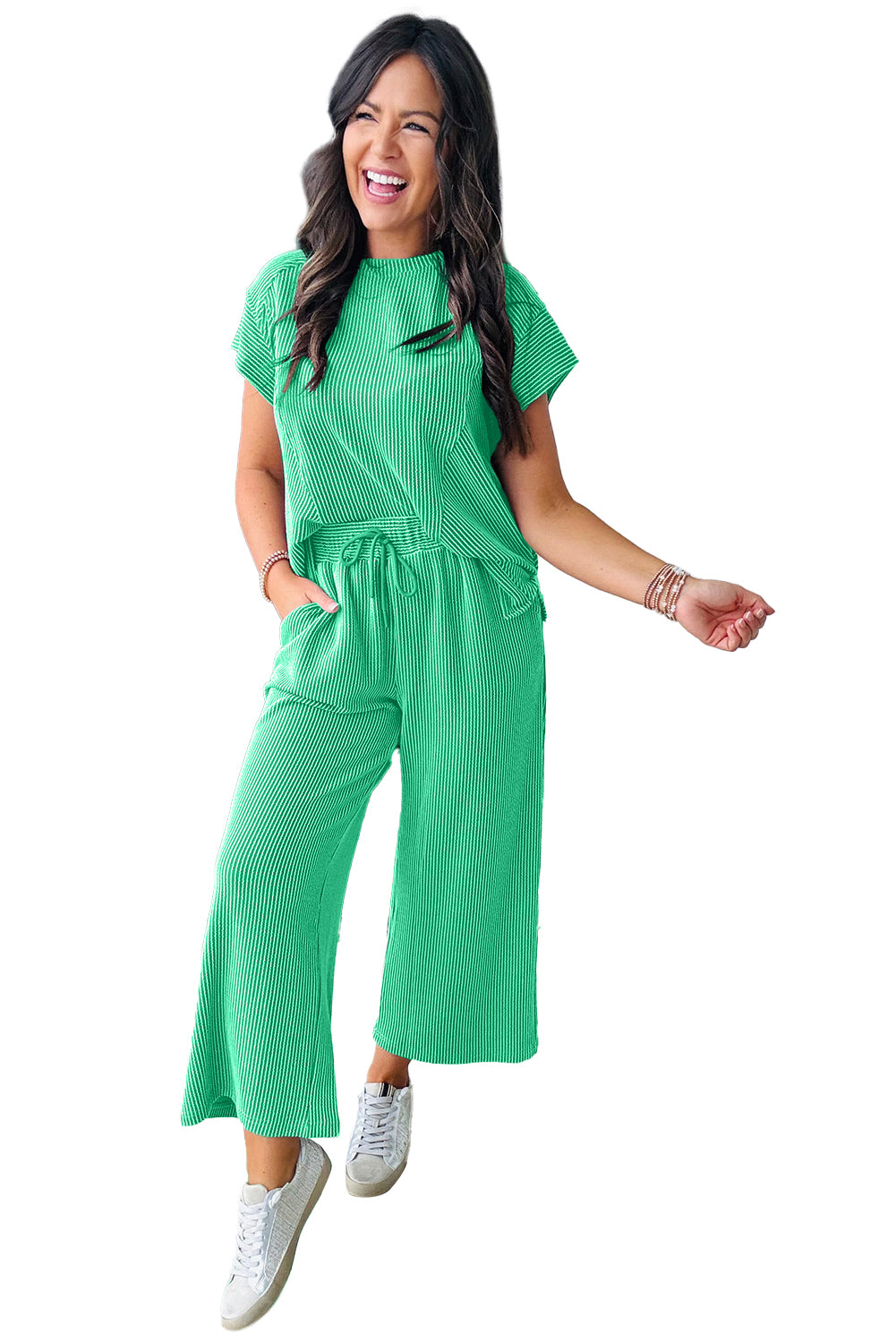 Wild Wind Solid Corded Short Sleeve T Shirt and Wide Leg Pants Set-Two Piece Pants Sets-[Adult]-[Female]-2022 Online Blue Zone Planet