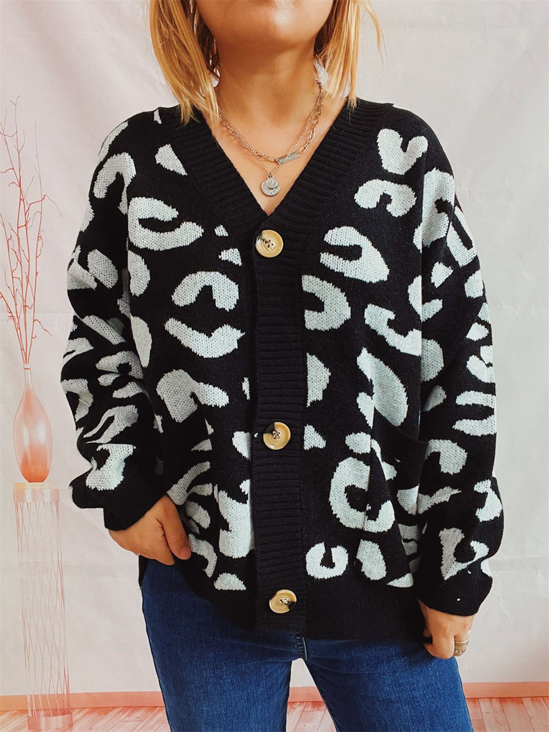 Leopard Button Front Cardigan with Pockets-TOPS / DRESSES-[Adult]-[Female]-Black-S-2022 Online Blue Zone Planet